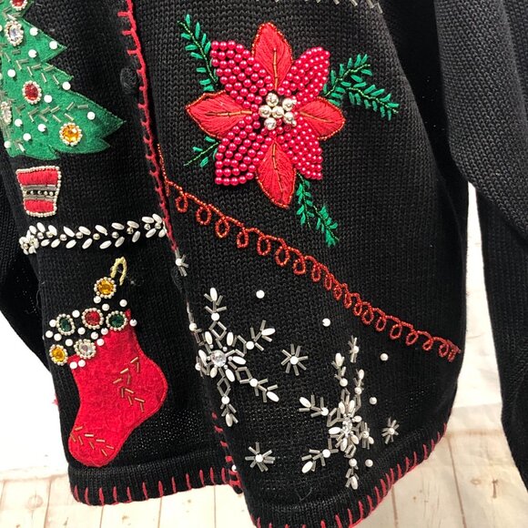 Victoria Jones Embroidered Christmas Cardigan Black Beaded Embellishments Size L - Picture 8 of 15